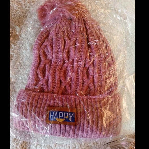Pink Knit Beanie with Pom Pom and HAPPY Patch – Cozy Winter Hat for Women mt39 - Picture 6 of 7